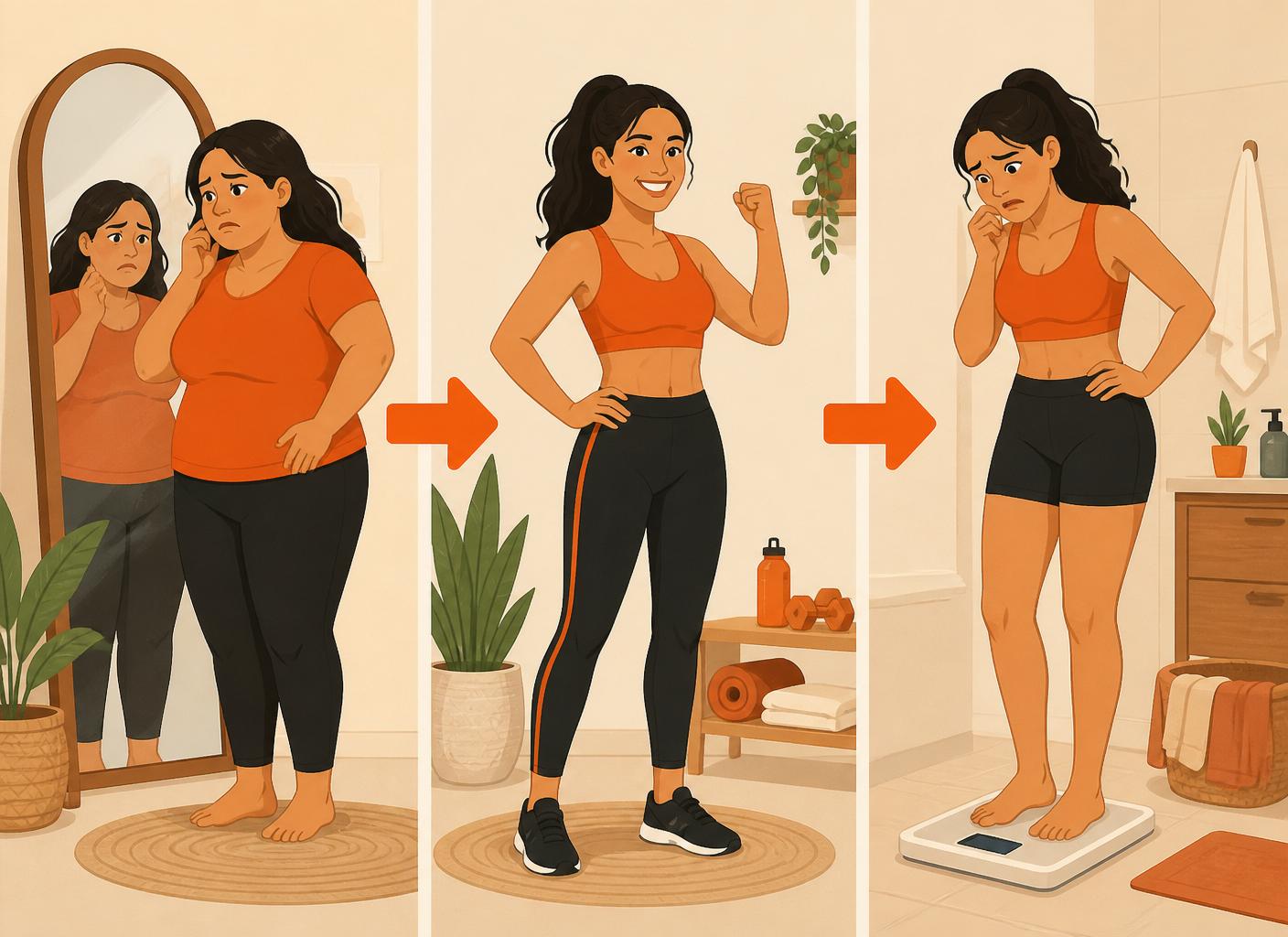 Ilustração da jornada de uma mulher: preocupada, transformada e ansiosa na balança